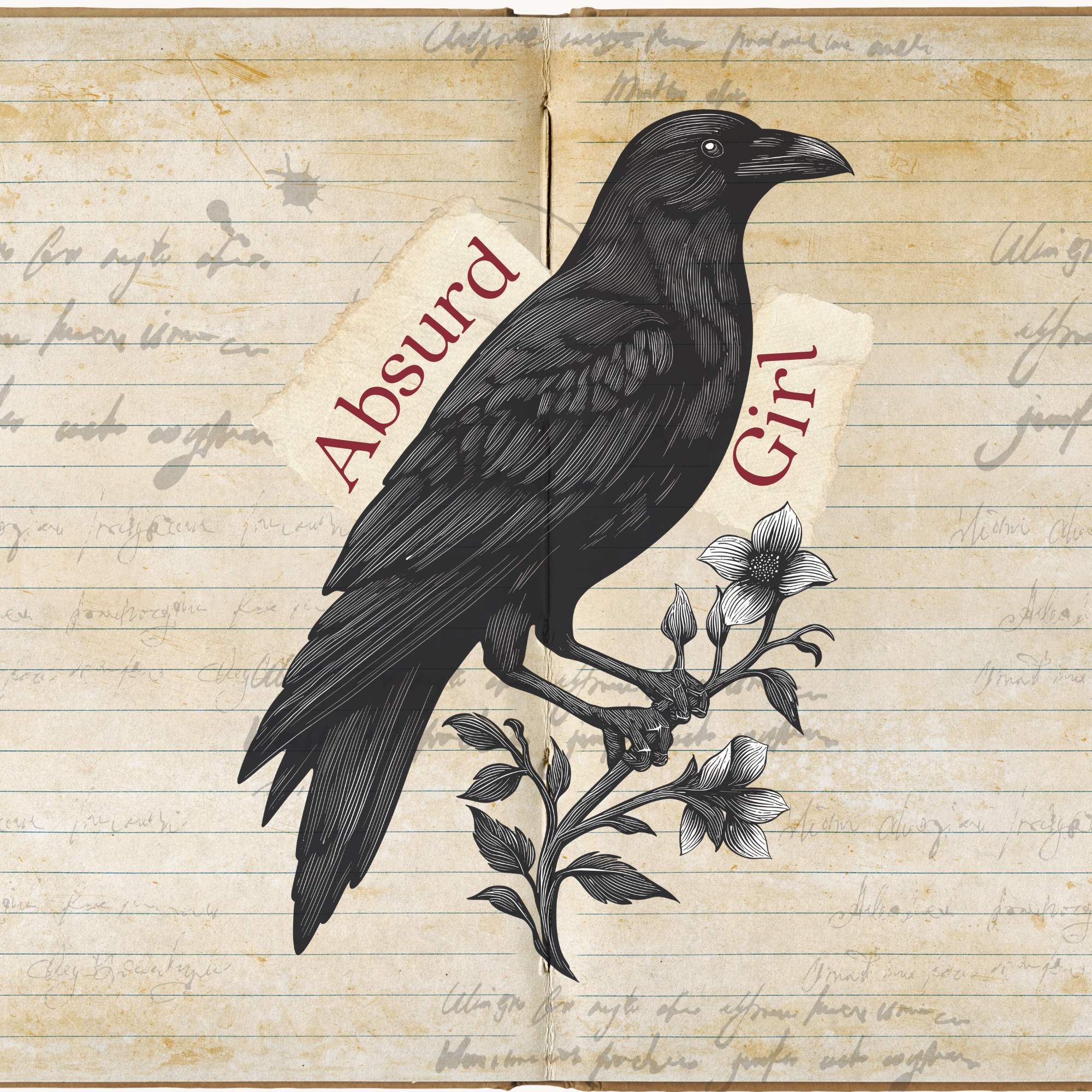 image of Absurd Girl Logo: black crow with Absurd Girl text in red encircling the crow on a notebook background with faded ink writing. 